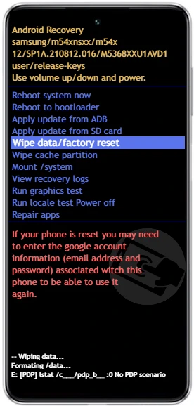 Galaxy M54 5G: Wipe data/factory data reset
