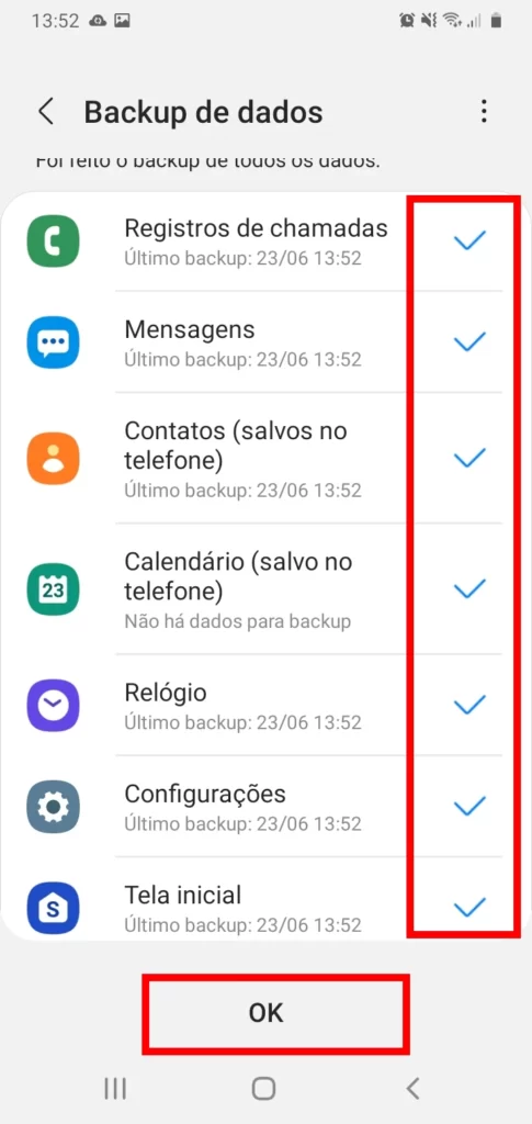 Backup de dados do Samsung Galaxy S22 concluído.