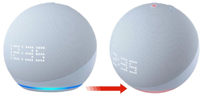 Echo Dot 5ª Geração com LED na cor azul e laranja.