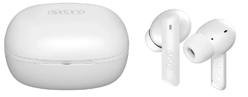 Caixa de carregamento e fones sem fio branco QCY HT05.