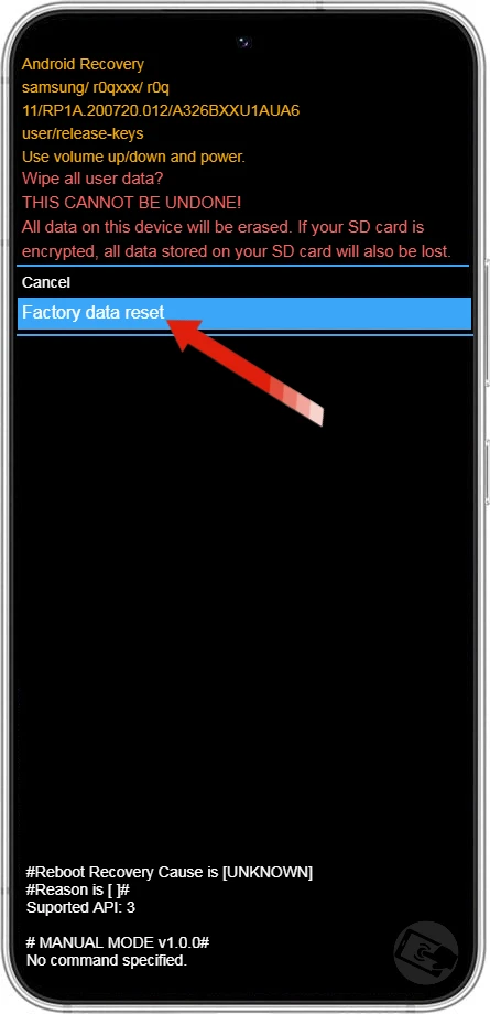 Opção Factory data reset do Galaxy S22.