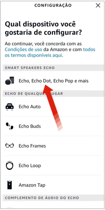 Opção Echo, Echo Dot, Echo Pop e mais no app Alexa.