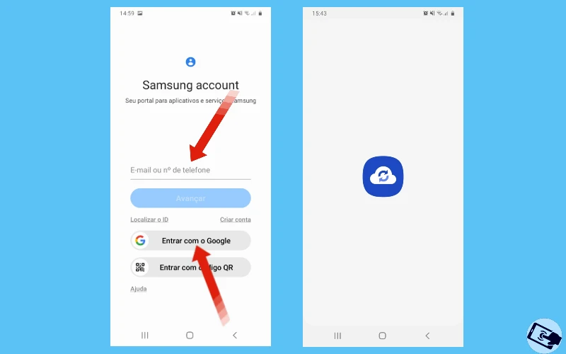Inserindo um e-mail ou conta Google para criar uma conta Samsung Cloud.