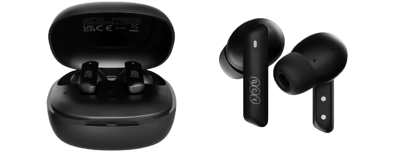 Caixa de carregamento e fones sem fio preto QCY HT05.