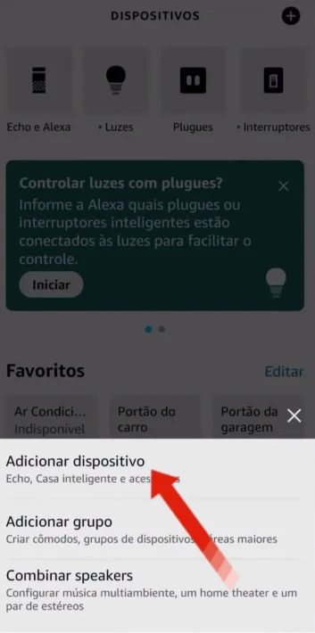 Janela pop-up para adicionar um dispositivo no app Alexa.