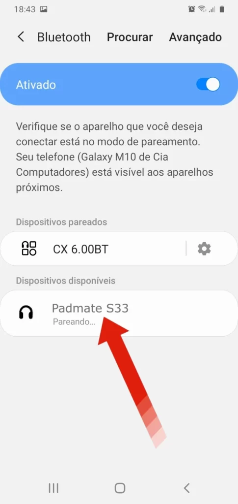 Clicando no nome dos fones para emparelhar.