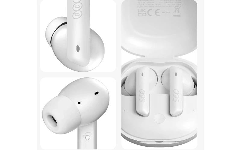 Fones sem fio e caixa de carregamento branca QCY HT05.