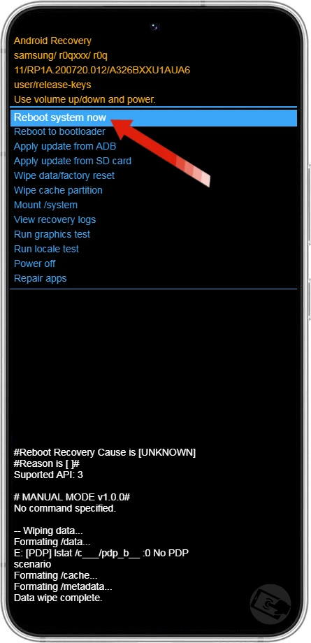 Opção Reboot system now do Galaxy S22.