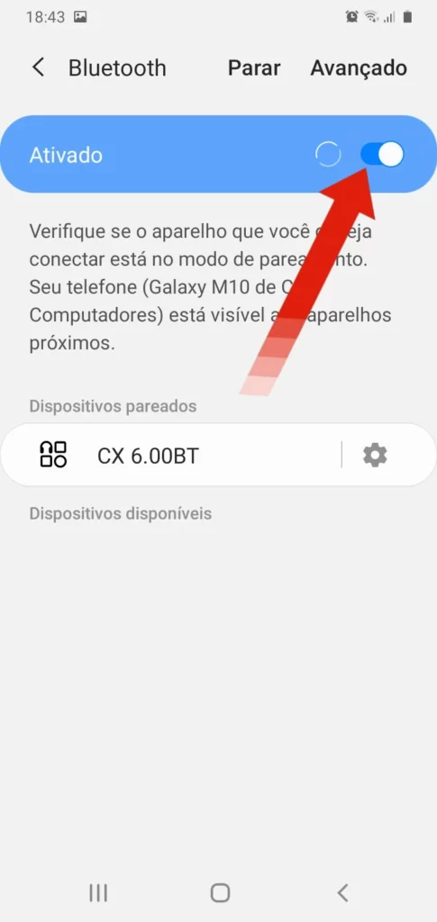 Ativando a opção Bluetooth no celular.