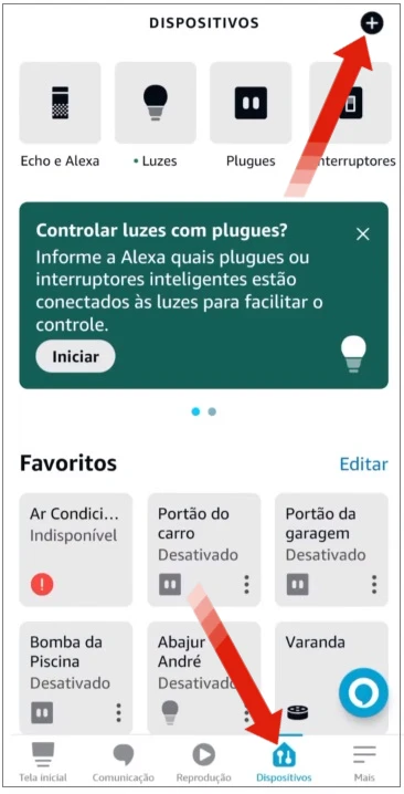 Guia dispositivo e opção + no app Alexa.