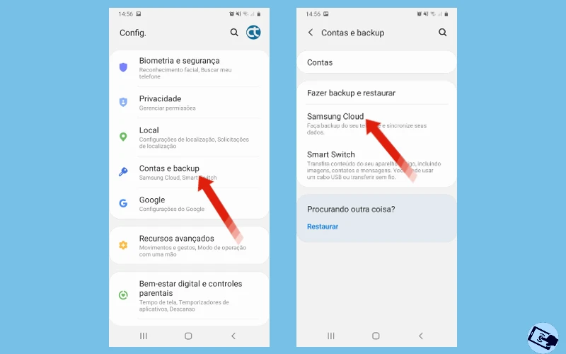 Opção Contas e Backup e Samsung Cloud do celular Samsung Galaxy.
