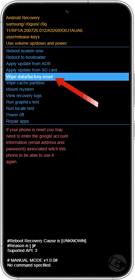 Opção Wipe data/factory reset do Galaxy S22.