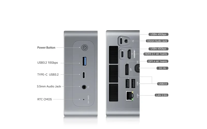 Beelink SER6 Max: DisplayPort, portas HDMI e USB Tipo-C.