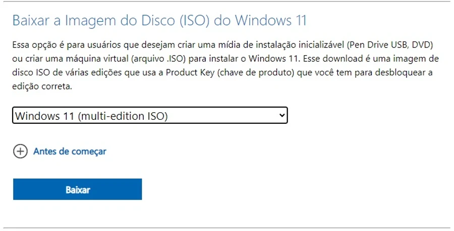 Baixando imagem ISO do Windows 11.