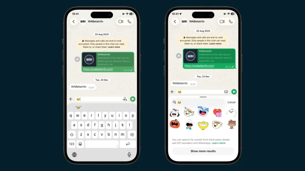 WhatsApp mostra uma figurinha animada ao lado da caixa de mensagem.