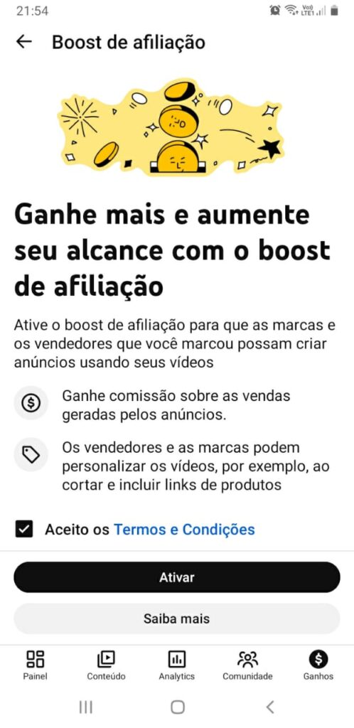 Card de ativação do Boost de Afiliação do YouTube Shopping.