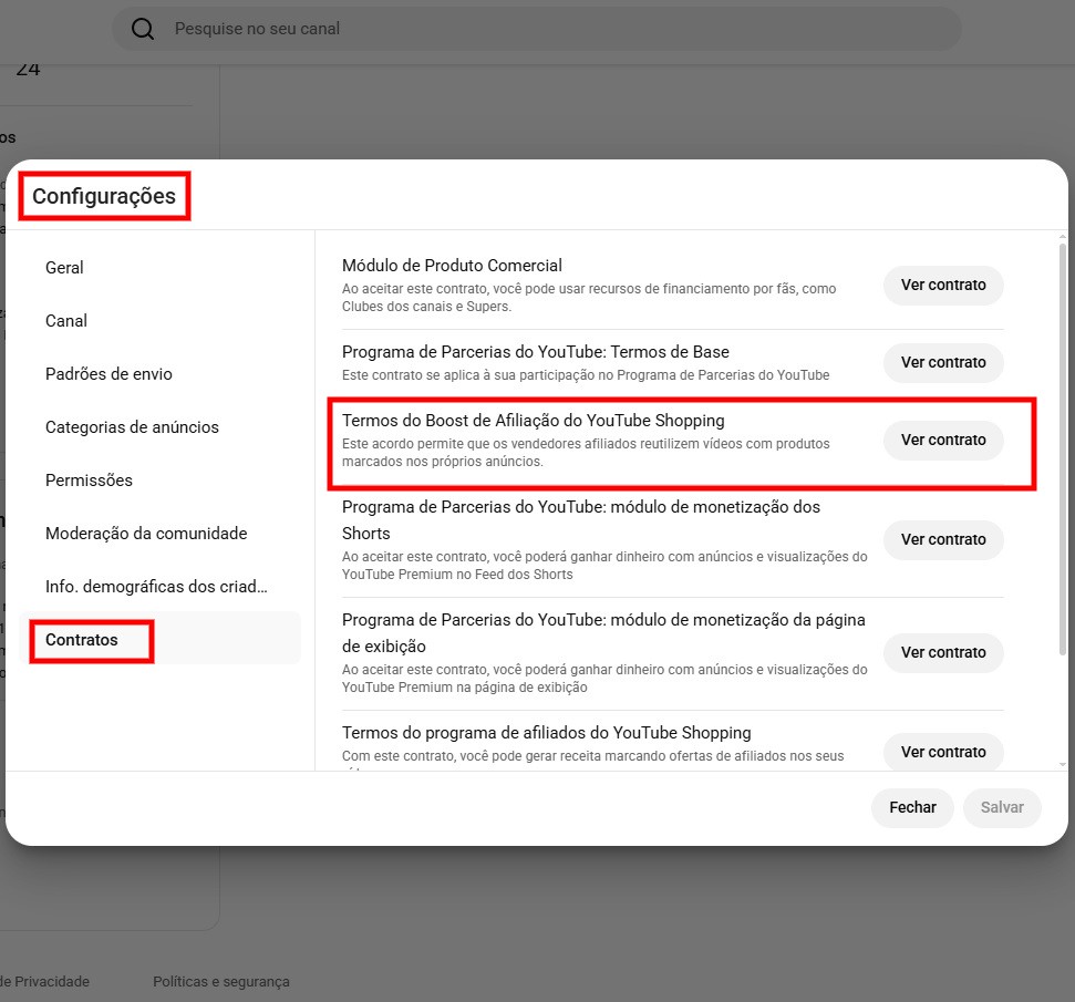 Termos do Boost de Afiliação do YouTube Shopping - Tela "Contratos" do Youtube Studio