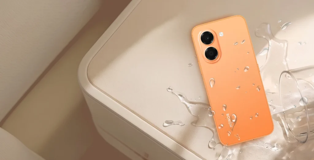 Honor X7e na cor Sunset Orange.