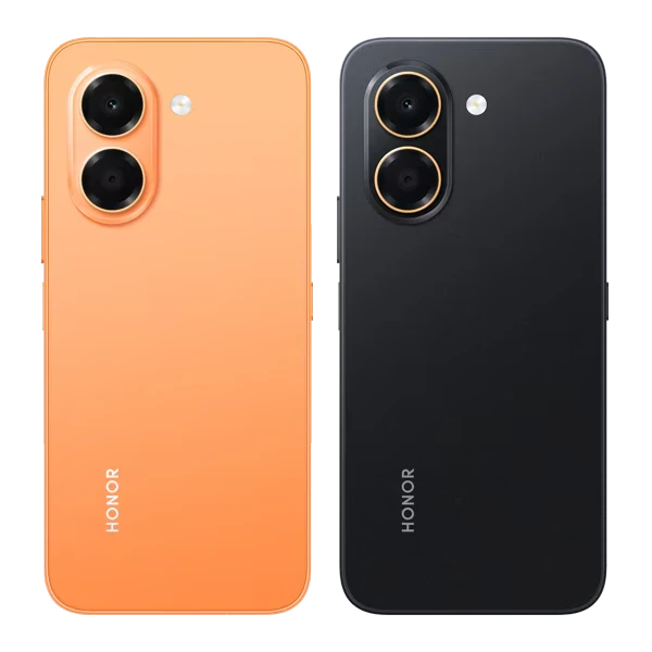 Honor X7e nas cores Midnight Black e Sunset Orange.